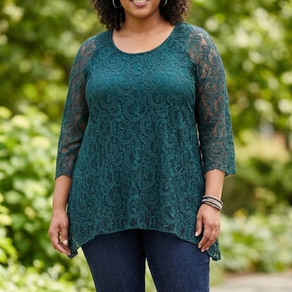 Women's Teal Lace Tunic Top - Elegant Scoop Neck